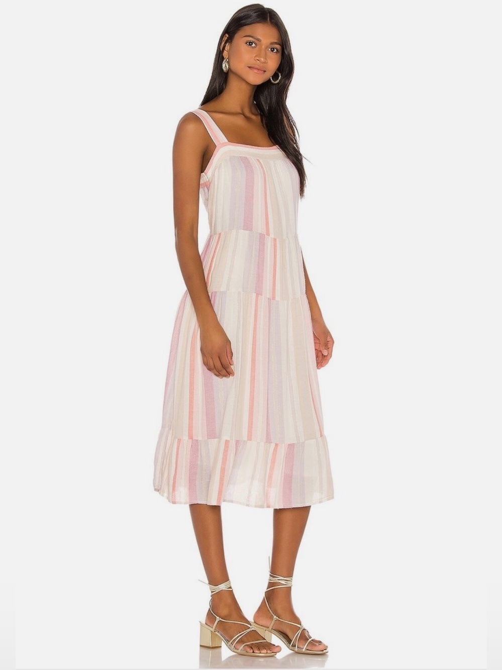 Rails Sleeveless Tiered Midi Dress in Pink & Cream Stripe Size M